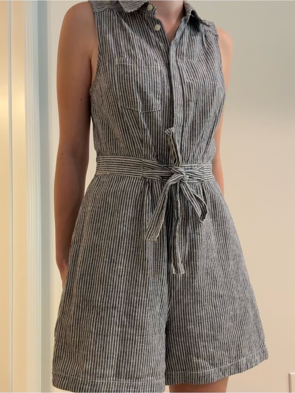 Anthropologie Blue-White Striped Sleeveless Tie-Waist Romper